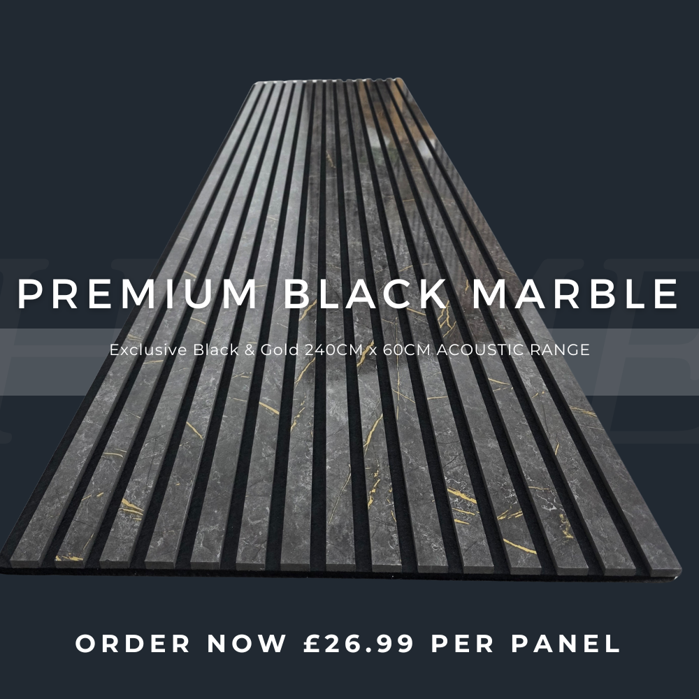 240cm x 60cm Akustik-Lamellenwandpaneel Schwarz-Gold Marmor